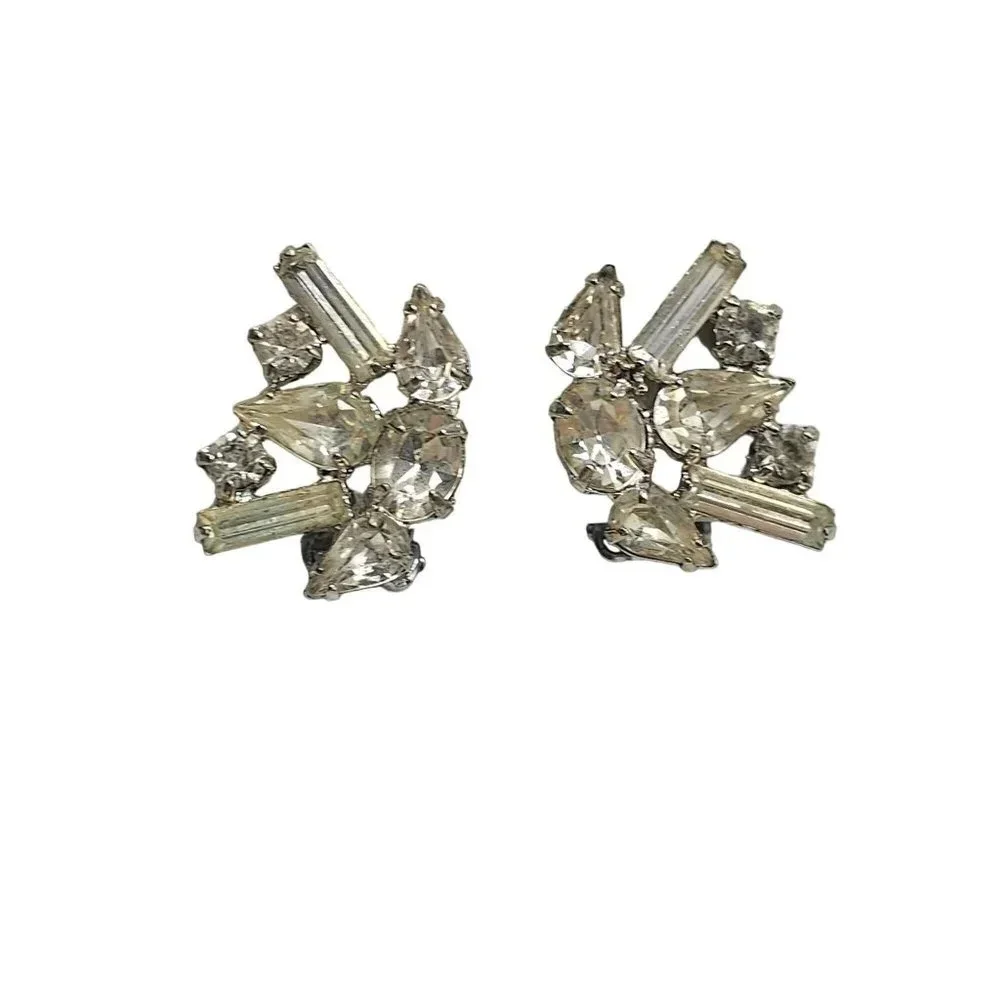 Clear Rhinestone Art Deco Style Retro Silver Tone Clip Earrings